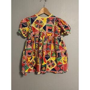 Patchwork Dress Girls 3-6 Months Multicolor Floral Cotton Puff Sleeve Boho READ
